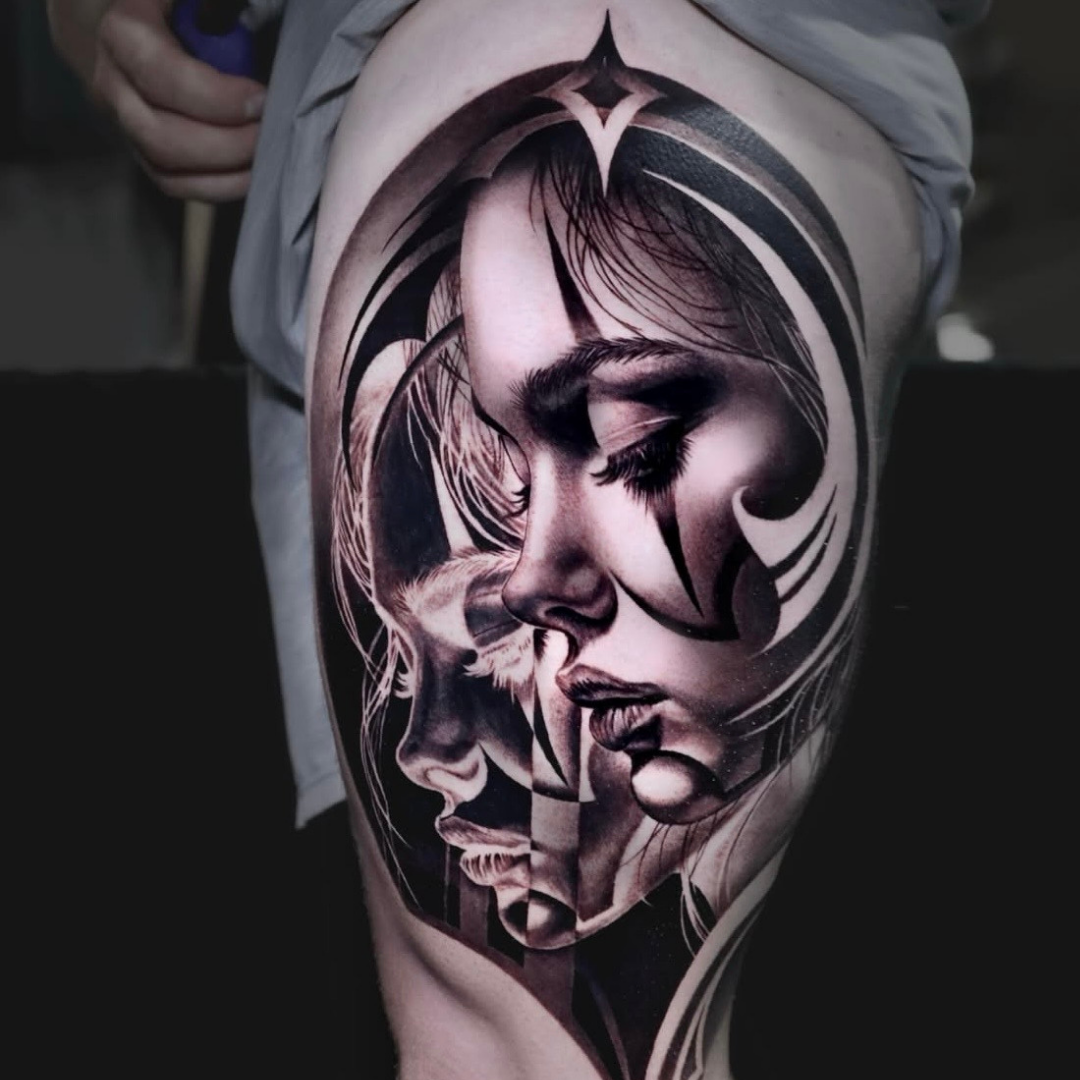 Intricate double face portrait - Chicano tattoo artistry by Keila Soto
