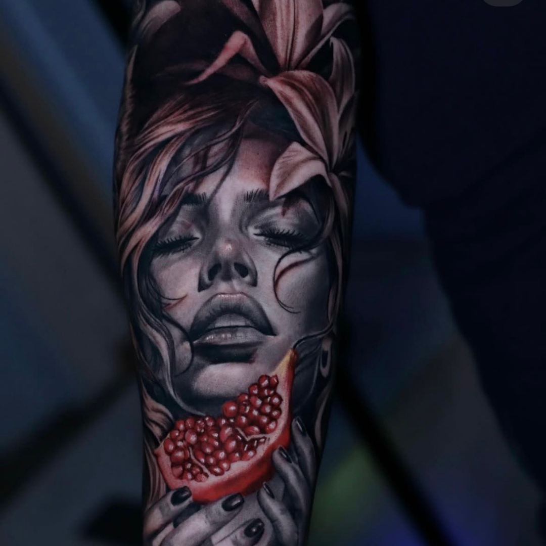 Stunning portrait with pomegranate - Black and grey realism by Keila Soto